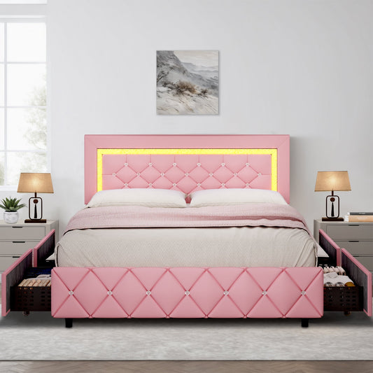4 EVER WINNER Queen Size LED Bed Frame, Pink Queen Bed Frame with LED Light Headboard, 4 Storage Drawers Upholstered Platform Bed Frame, Pink