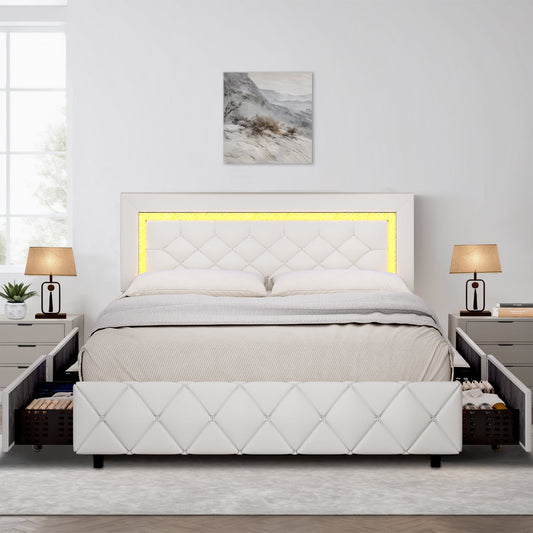 4 EVER WINNER Queen Size LED Bed Frame, White Queen Bed Frame with LED Light Headboard, 4 Storage Drawers Upholstered Platform Bed Frame, White