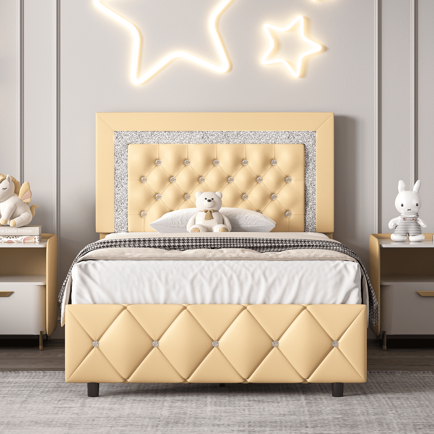 4 EVER WINNER Twin Size Bed Frame with Headboard, Upholstered Platform Bed Frame, Diamond Tufted Headboard & Footboard, Yellow