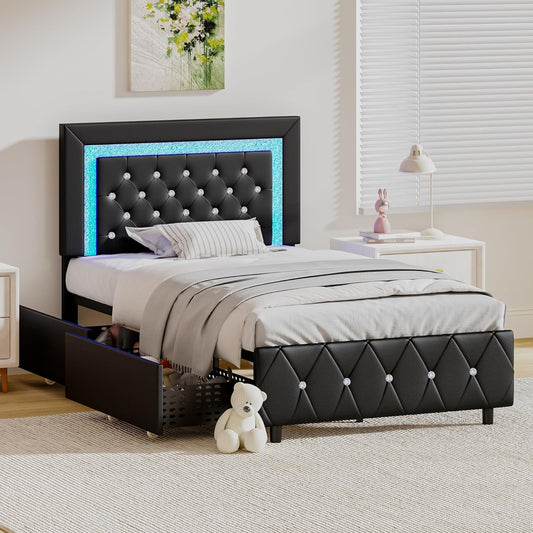 4 EVER WINNER Twin Size LED Bed Frame, Black Twin Bed Frame with LED Light Headboard, 2 Storage Drawers Upholstered Platform Bed Frame, Black