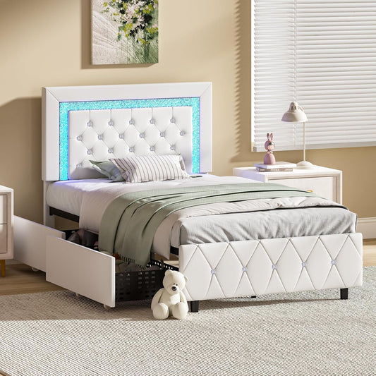 4 EVER WINNER Twin Size LED Bed Frame with 2 drawers, White Twin Bed Frame with LED Light and Diamond Headboard, Modern Upholstered Bed for Kids, White
