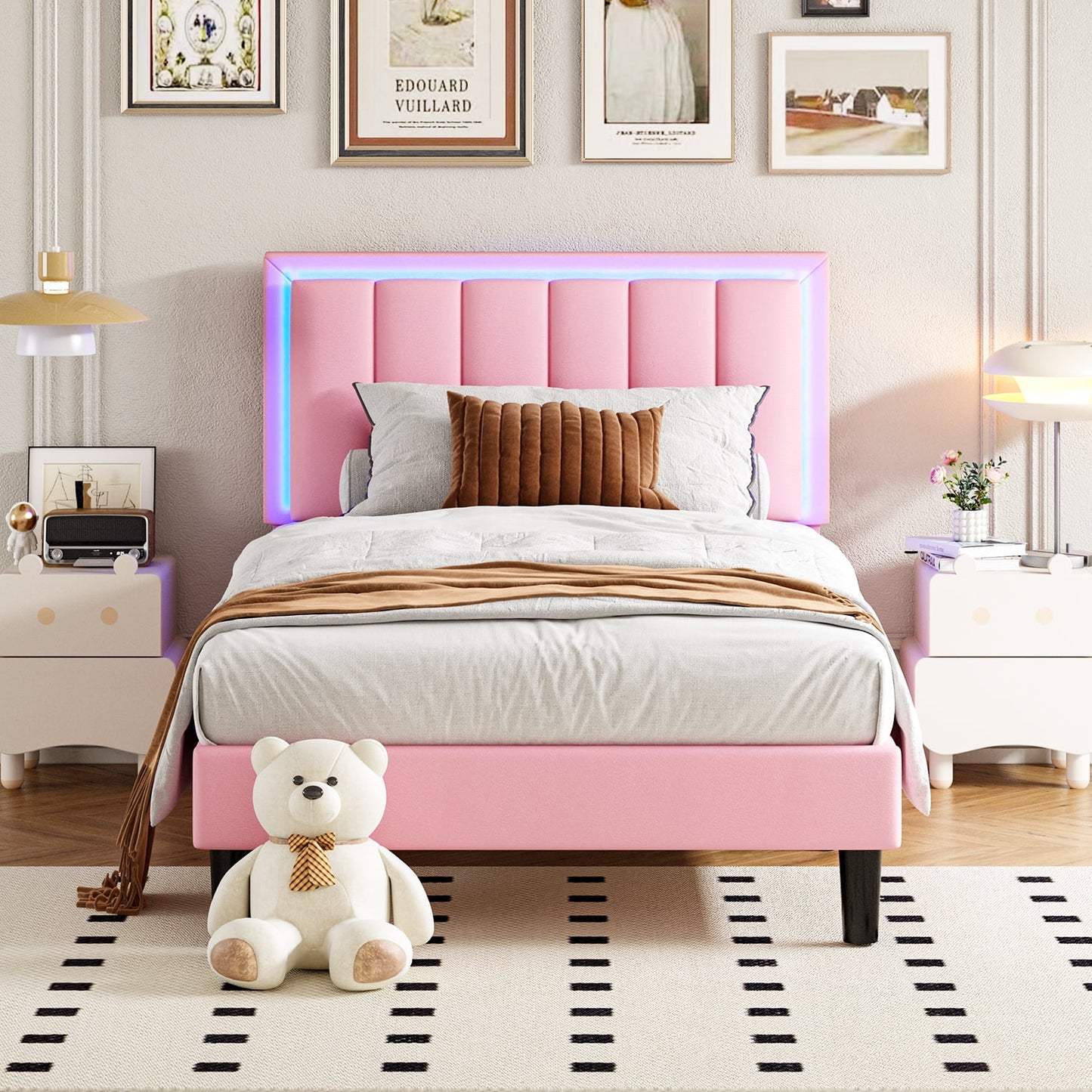4 EVER WINNER Twin Size LED Bed Frame, Pink Twin Bed Frame with Led Light Headboard, Pink Bed Frame for Grils, Pink