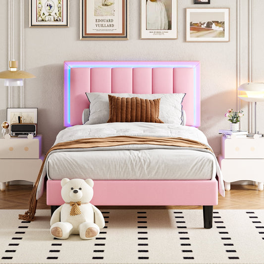 4 EVER WINNER Twin Size LED Bed Frame, Pink Twin Bed Frame with Led Light Headboard, Pink Bed Frame for Grils, Pink