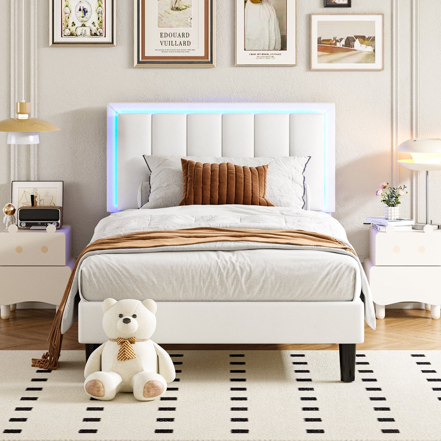 4 EVER WINNER Twin Size LED Bed Frame, White Twin Bed Frame with LED Light Headboard, Modern Bed Frame for Kids, White