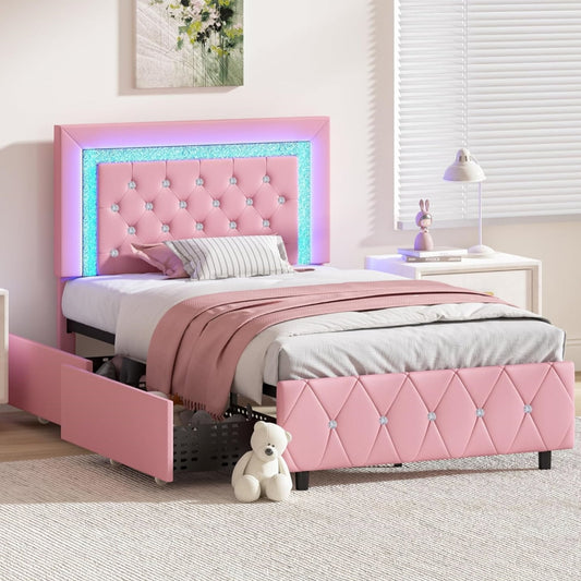 4 EVER WINNER Twin Size LED Bed Frame, Pink Twin Bed Frame with LED Light Headboard, 2 Storage Drawers Upholstered Platform Bed Frame, Pink