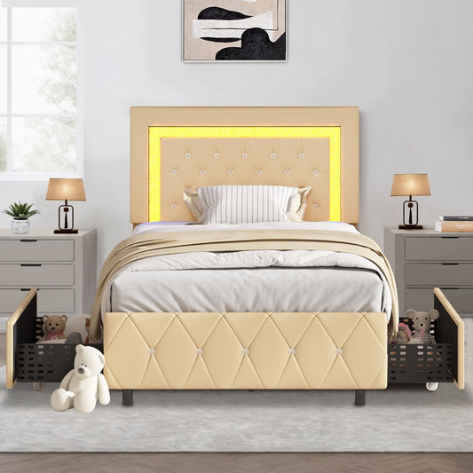 4 EVER WINNER Twin Size LED Bed Frame with 2 drawers, Twin Bed Frame with LED Light and Diamond Headboard, Modern Upholstered Bed for Kids, Yellow