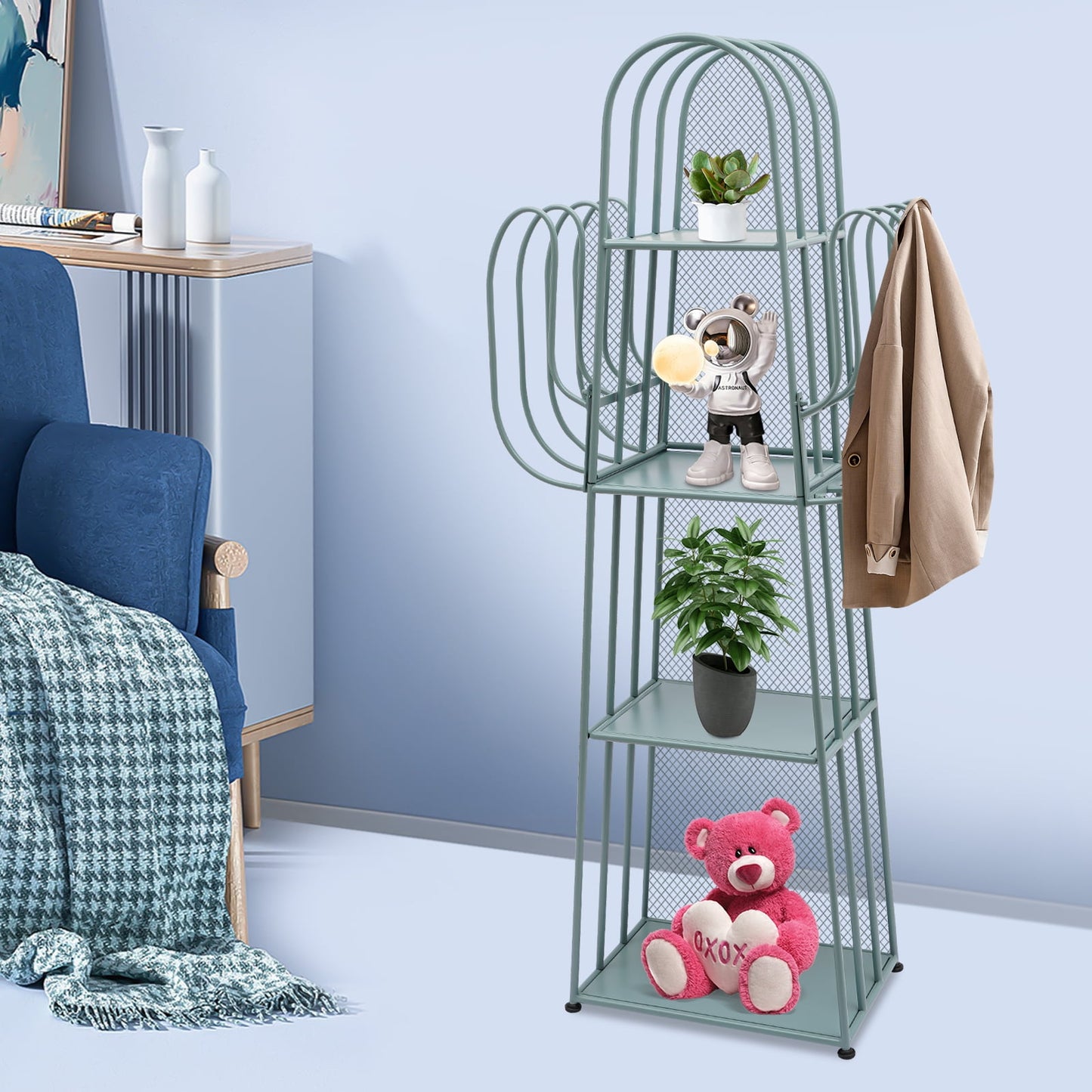 4 Tier Cactus Shape Bookcase, Iron Bookshelf Storage Rack Shelf, Living Room Sundry Shelf, Flower Stand with 8 Hooks, Bedroom Bookshelf for Kids & Adults