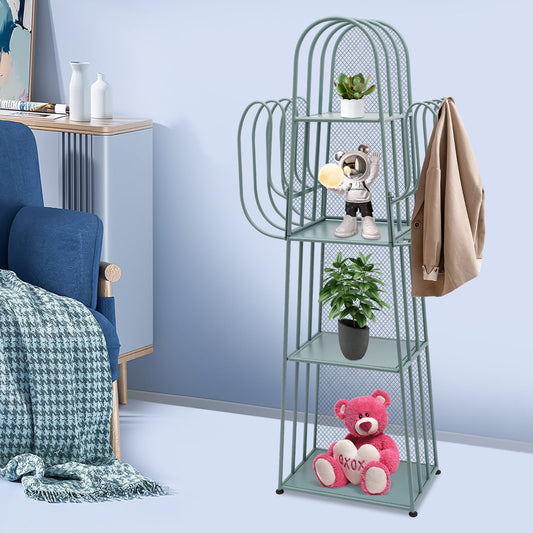 4 Tier Cactus Shape Bookcase, Iron Bookshelf Storage Rack Shelf, Living Room Sundry Shelf, Flower Stand with 8 Hooks, Bedroom Bookshelf for Kids & Adults