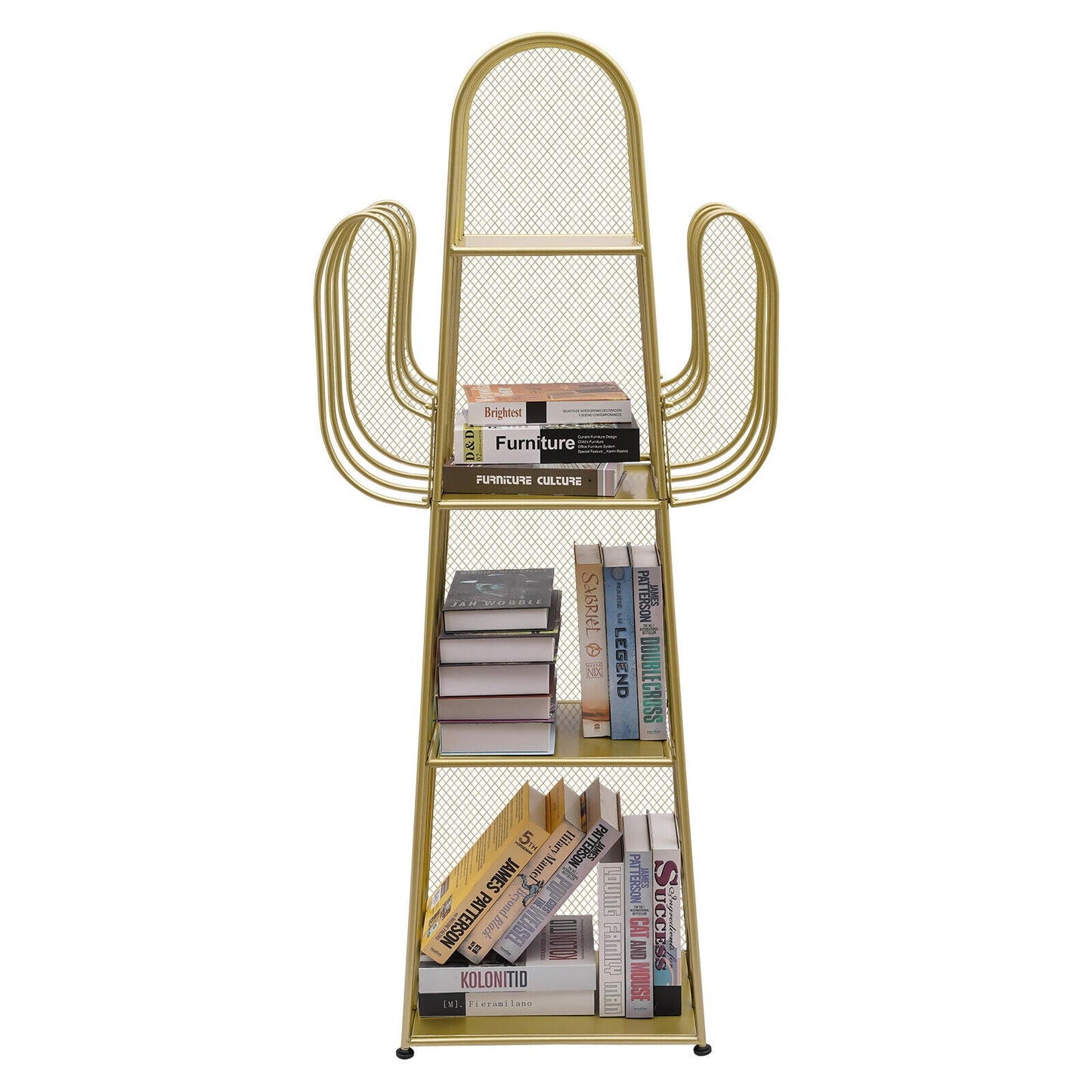 4 Tier Cactus Shape Bookcase, Iron Bookshelf Storage Rack Shelf, Living Room Sundry Shelf, Flower Stand with 8 Hooks, Bedroom Bookshelf for Kids & Adults