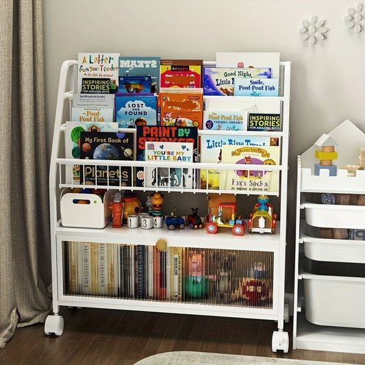 4 Tier Kids Wooden Bookshelf, Five Layer Sling Bookcase, Baby Storage Book Rack, Book and Toy Organizer Cabinet, Book Display, for Playroom, Bedroom, Toddler Room, Nursery,Classroom