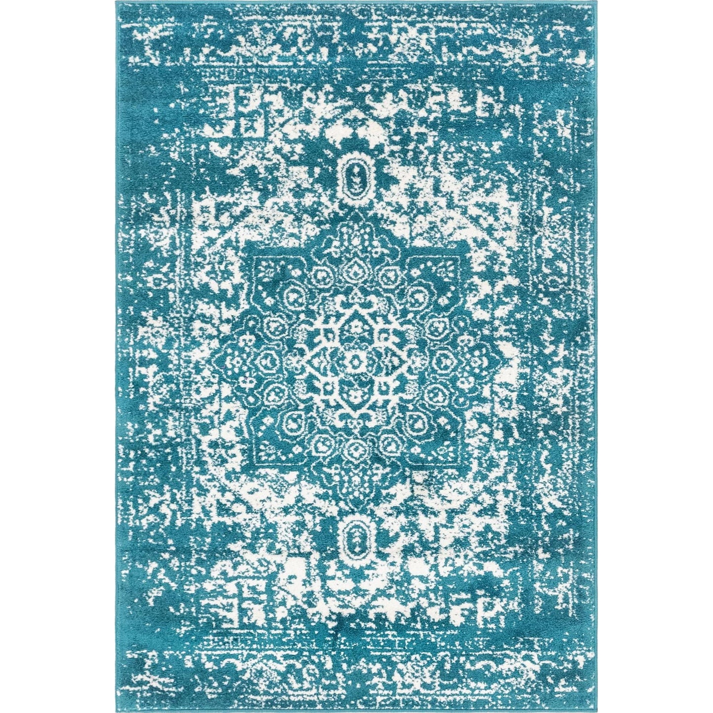 4' x 6' Turquoise Blue and Ivory Traditional Medallion Rectangular Area Throw Rug