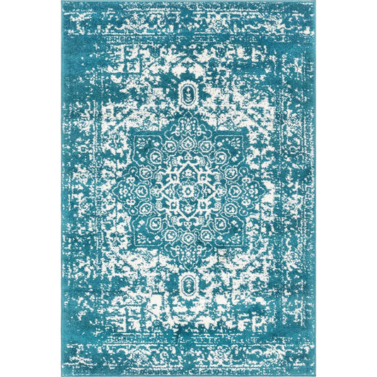 4' x 6' Turquoise Blue and Ivory Traditional Medallion Rectangular Area Throw Rug