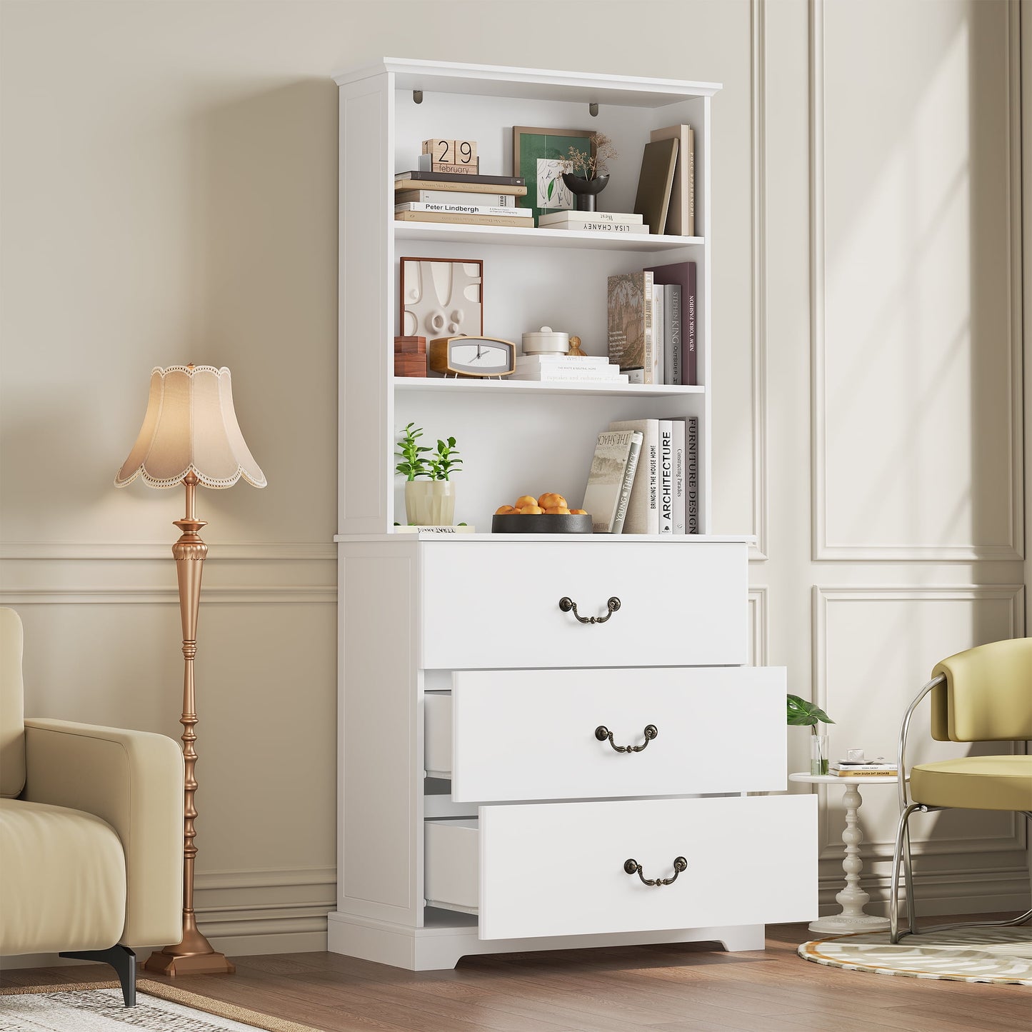 Homfa Bookcases Floor Standing 3 Shelf Display Storage Shelves with 3 Drawers, 71 in Tall Bookcase for Home Office, Living Room, Bed Room, White