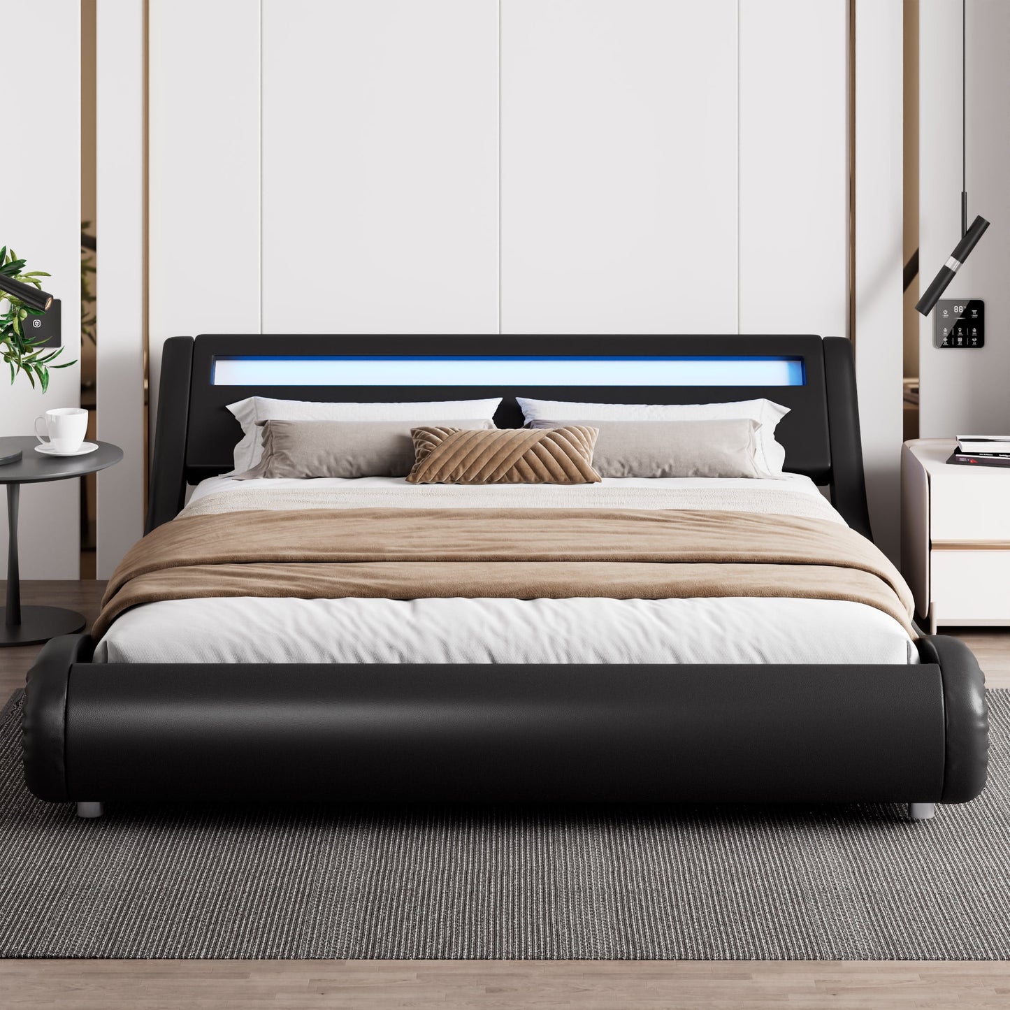 Amolife King Size Wave-Like Curve Deluxe Upholstered Modern Bed Frame with LED Headboard, Black