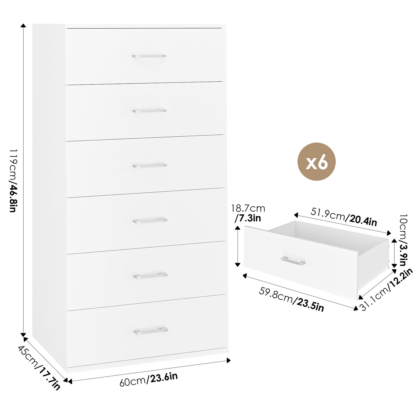Homfa White 6 Drawer Dresser, Vertical Wood Storage Cabinet for Bedroom/Living Room