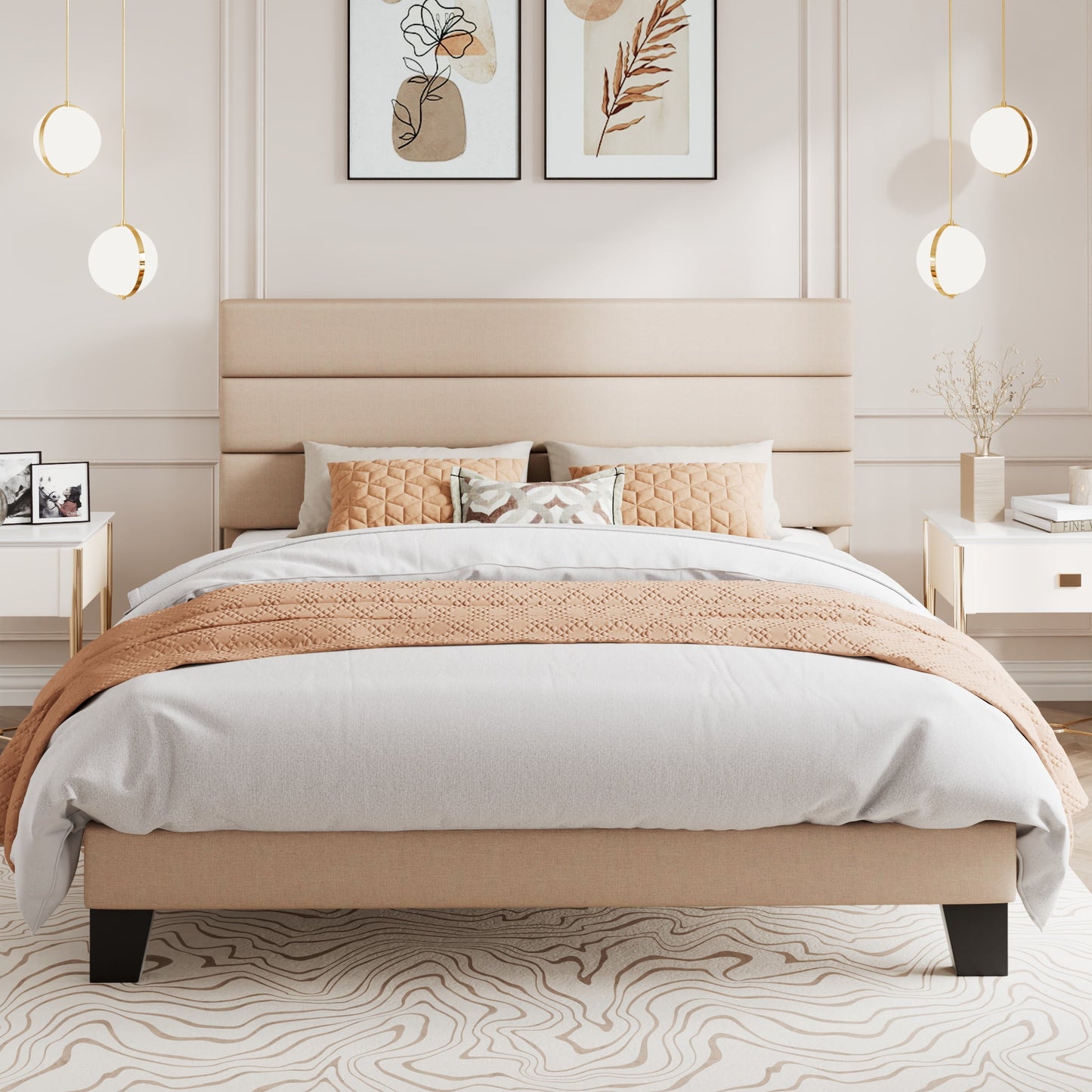 Amolife Platform Queen Size Bed Frame with Fabric Upholstered Headboard, No Box Spring Needed, Strong Wooden Slats, Beige