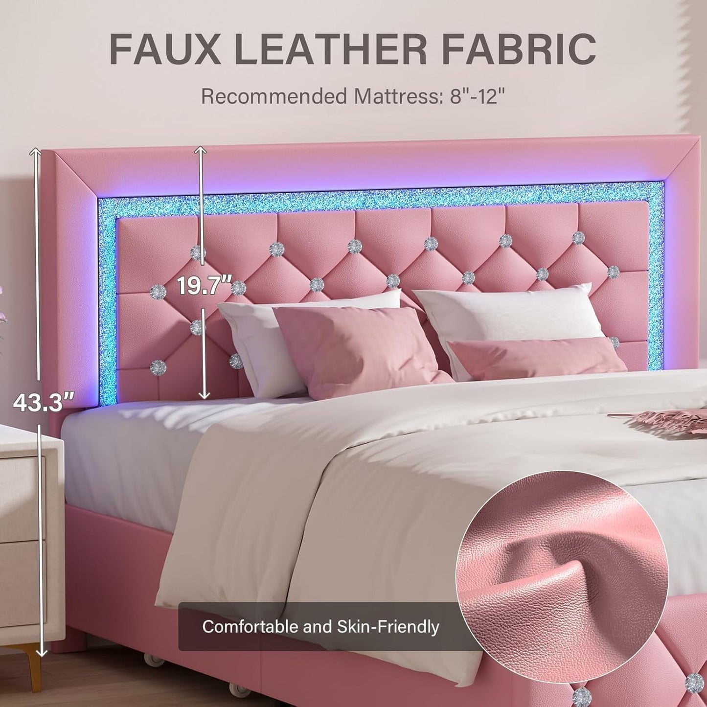 4 EVER WINNER Twin Size LED Bed Frame, Pink Twin Bed Frame with LED Light Headboard, 2 Storage Drawers Upholstered Platform Bed Frame, Pink