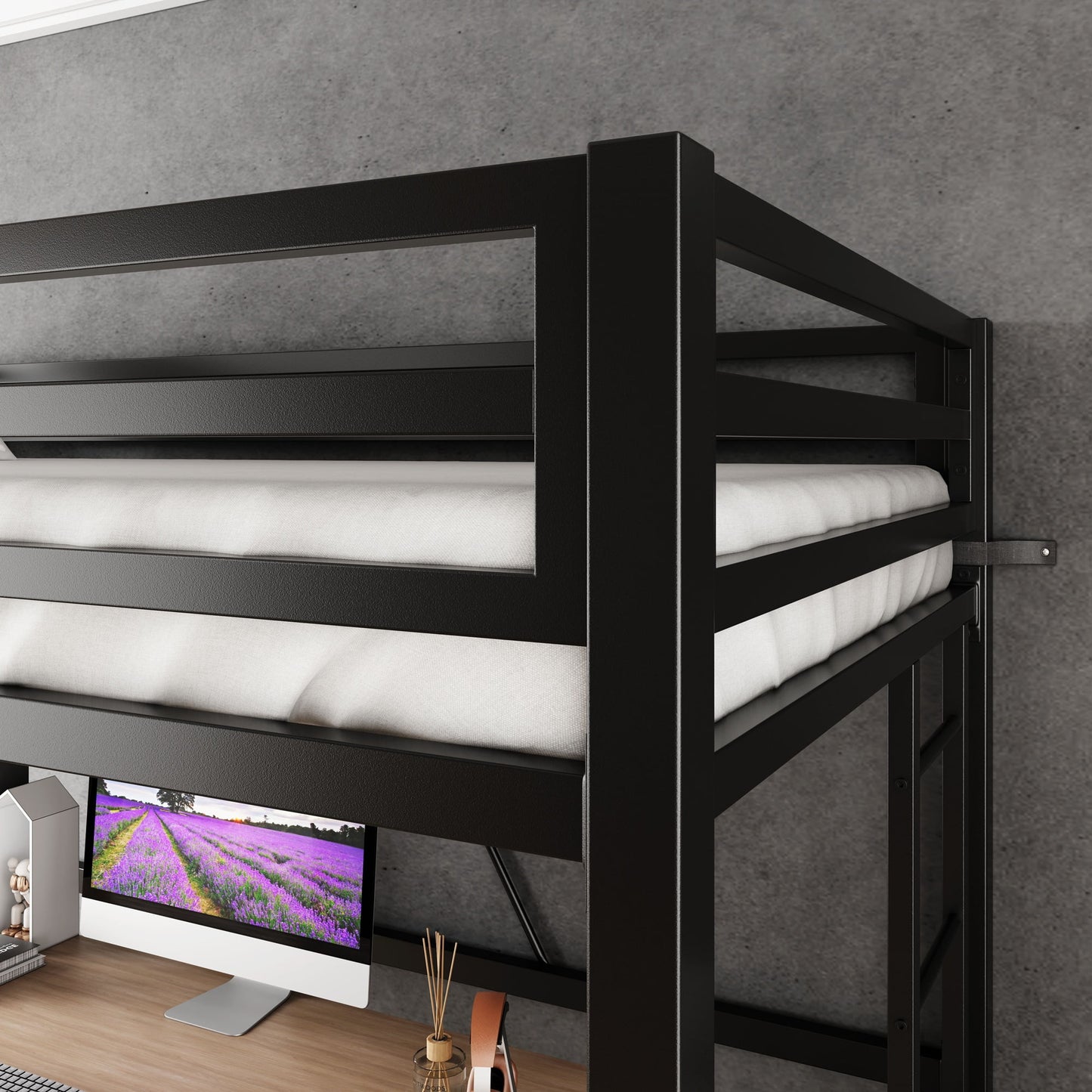 Amolife Metal Twin Loft Bunk Bed Frame, Desk Beds with Stairs & Guardrail, Matte Black