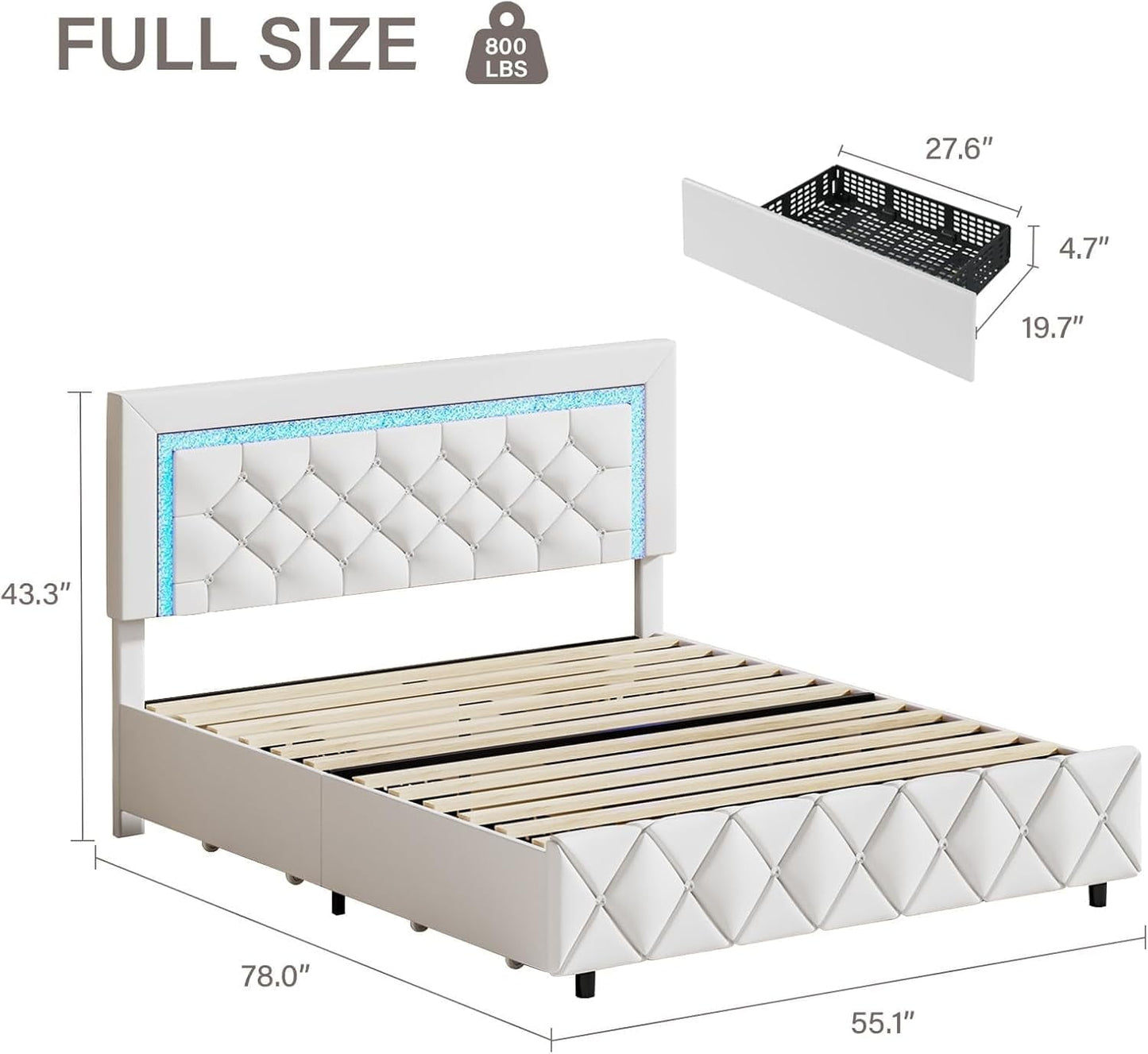 4 EVER WINNER Full Size LED Bed Frame, White Full Bed Frame with LED Light Headboard, 4 Storage Drawers Upholstered Platform Bed Frame, White