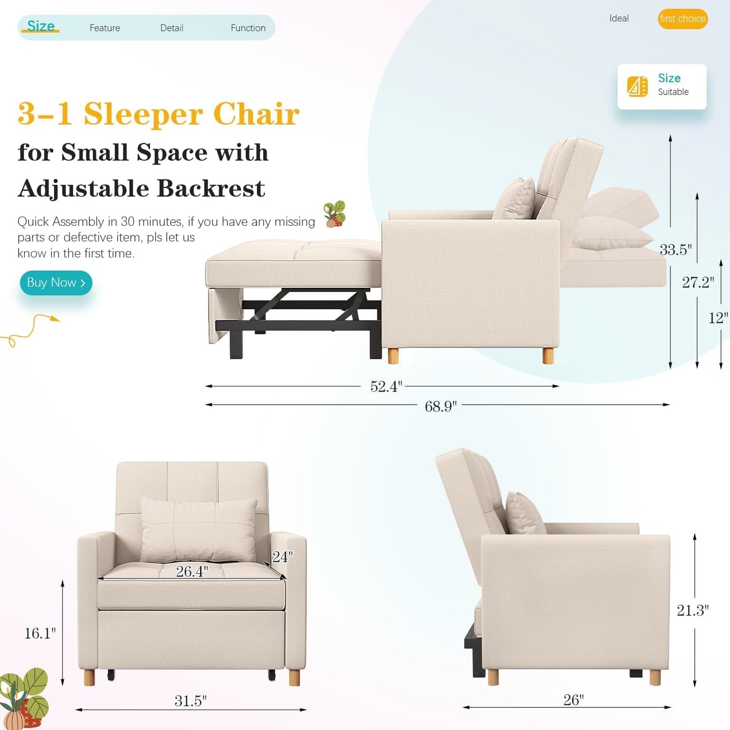 AECOJOY Sleeper Sofa Chair, 3 in 1 Sleeper Chairs for Adults, Fold Out Chair Bed with Pillow and Convertible Backrest, Multi-Functional Reading Chair for Small Space (Cream Beige)