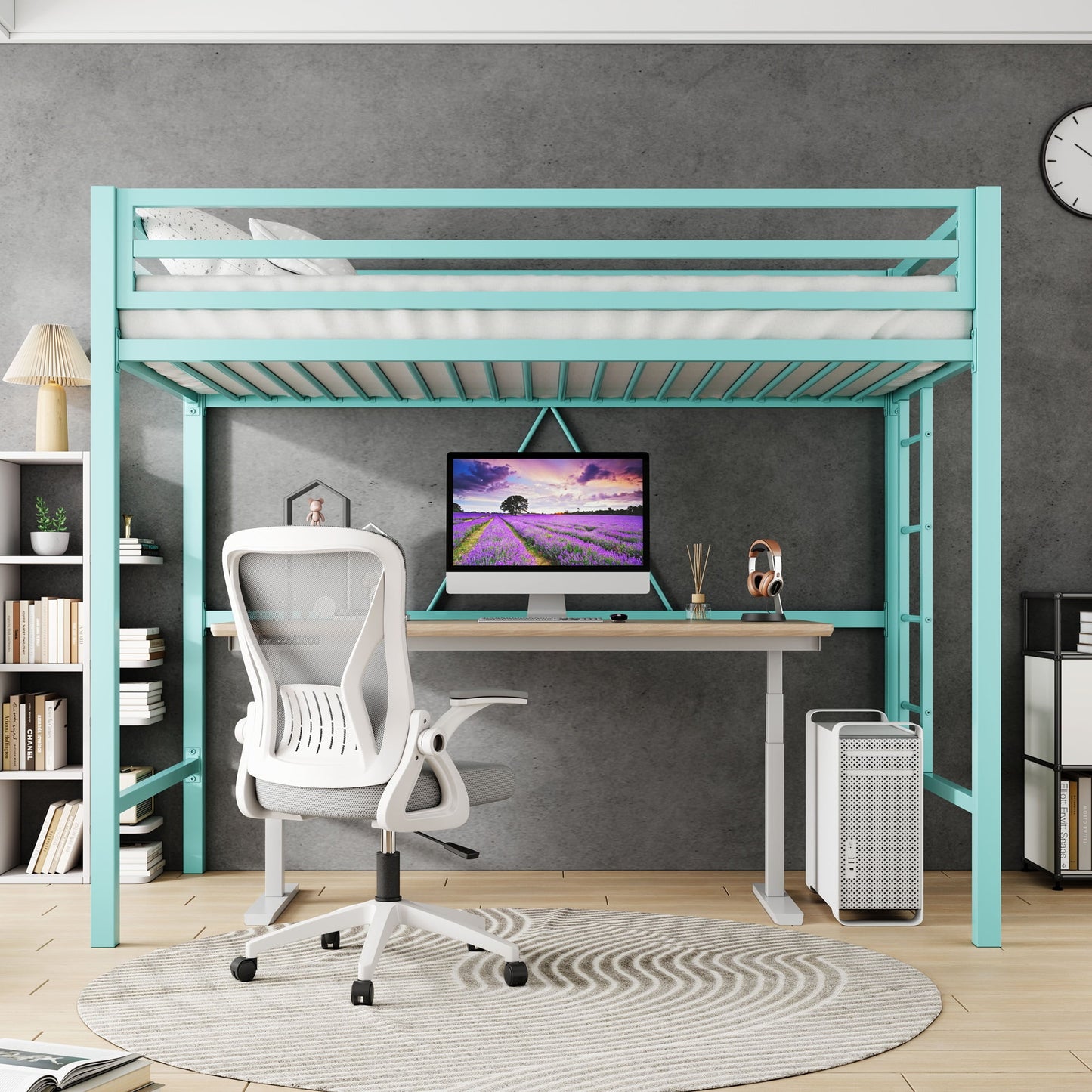 Amolife Apple Green Twin Loft Heavy Duty Bunk Bed Frame with Stairs, Full-Length Guardrail, Kids