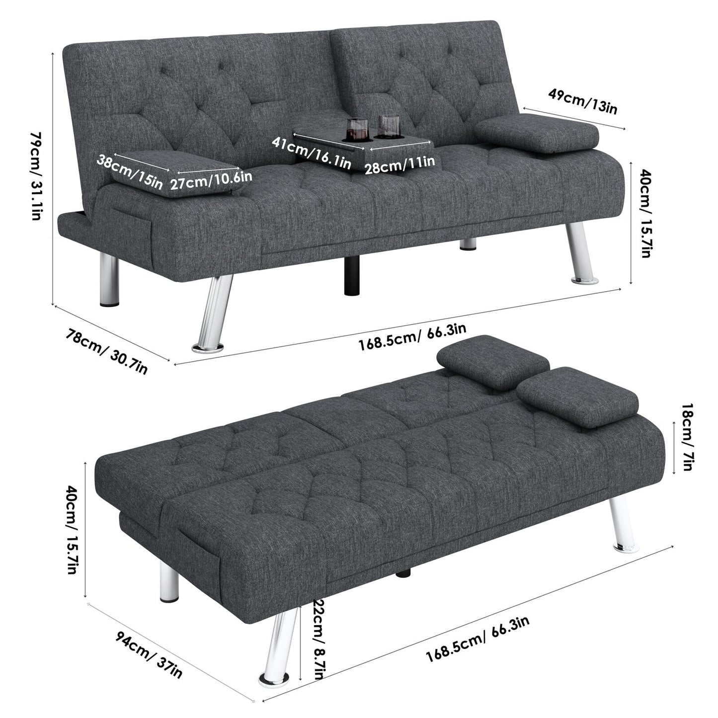 Homfa Upholstered Sofa Bed Couch, Convertible Futon Sleeper Sofa with Removable Armrests, Dark Gray