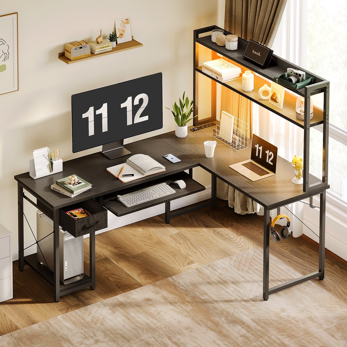 59in Reversible L-Shaped Gaming Desk with Power Outlets & LED Lights, Office Desk with Storage Drawer & Keyboard Tray for Home Office, Corner Computer Desk with Hutch, Pure Black