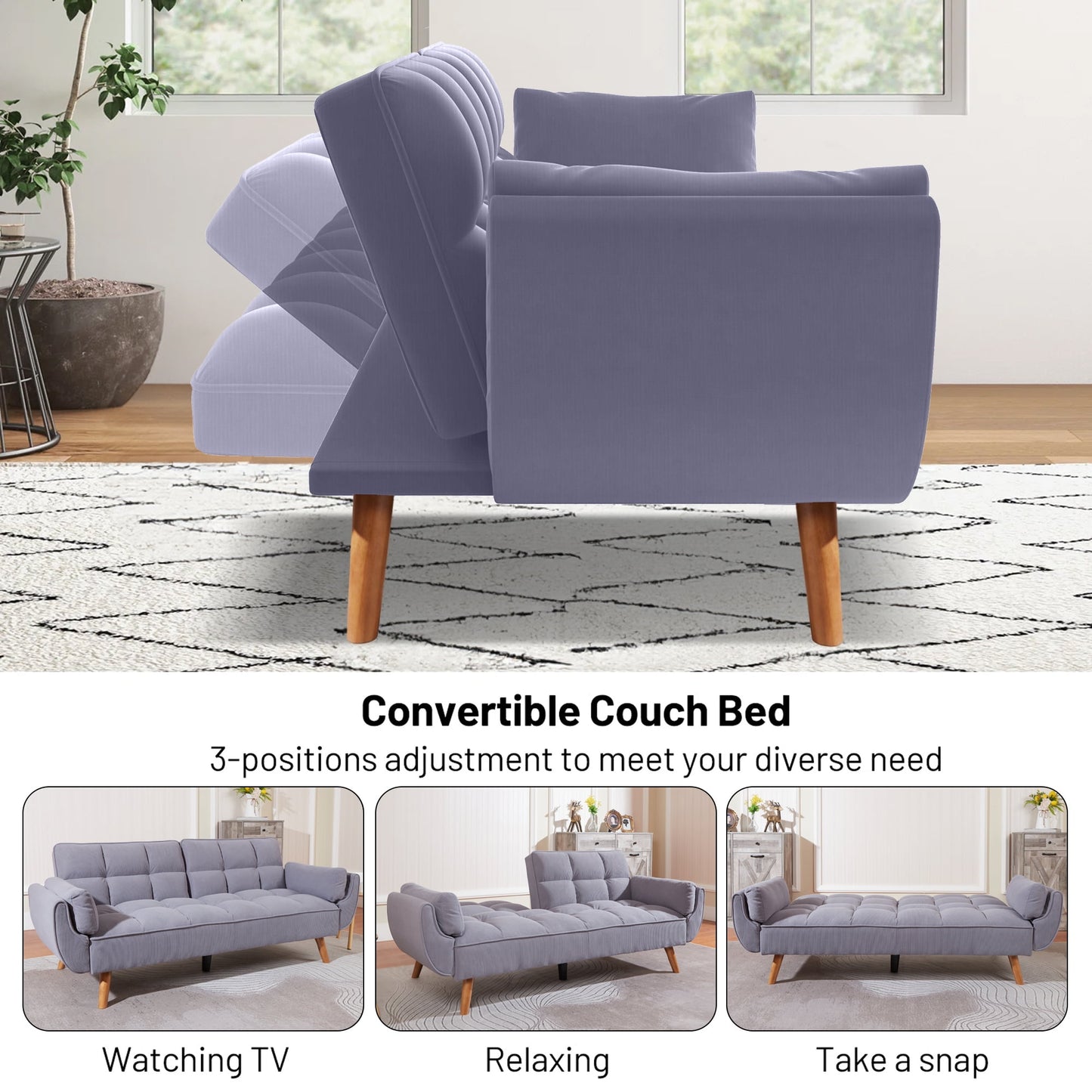 Aukfa 75in Flared Arm Futon Convertible Sofa Bed, Curved Sleeper Sofa for Home Office, Corduroy, Gray