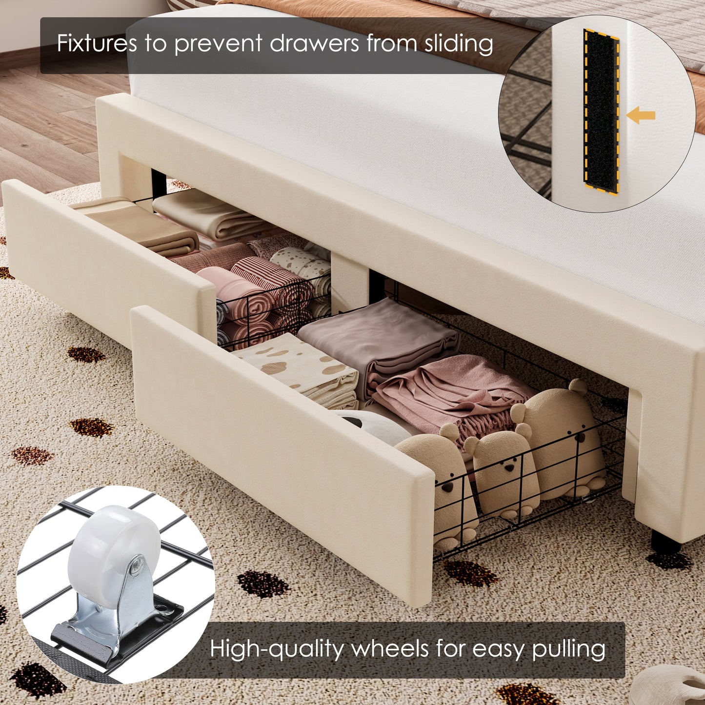 Homfa Queen Size LED Bed Frame with Drawer, Velvet Upholstered Platform Bed with Adjustable Petal Headboard for Kid, Beige