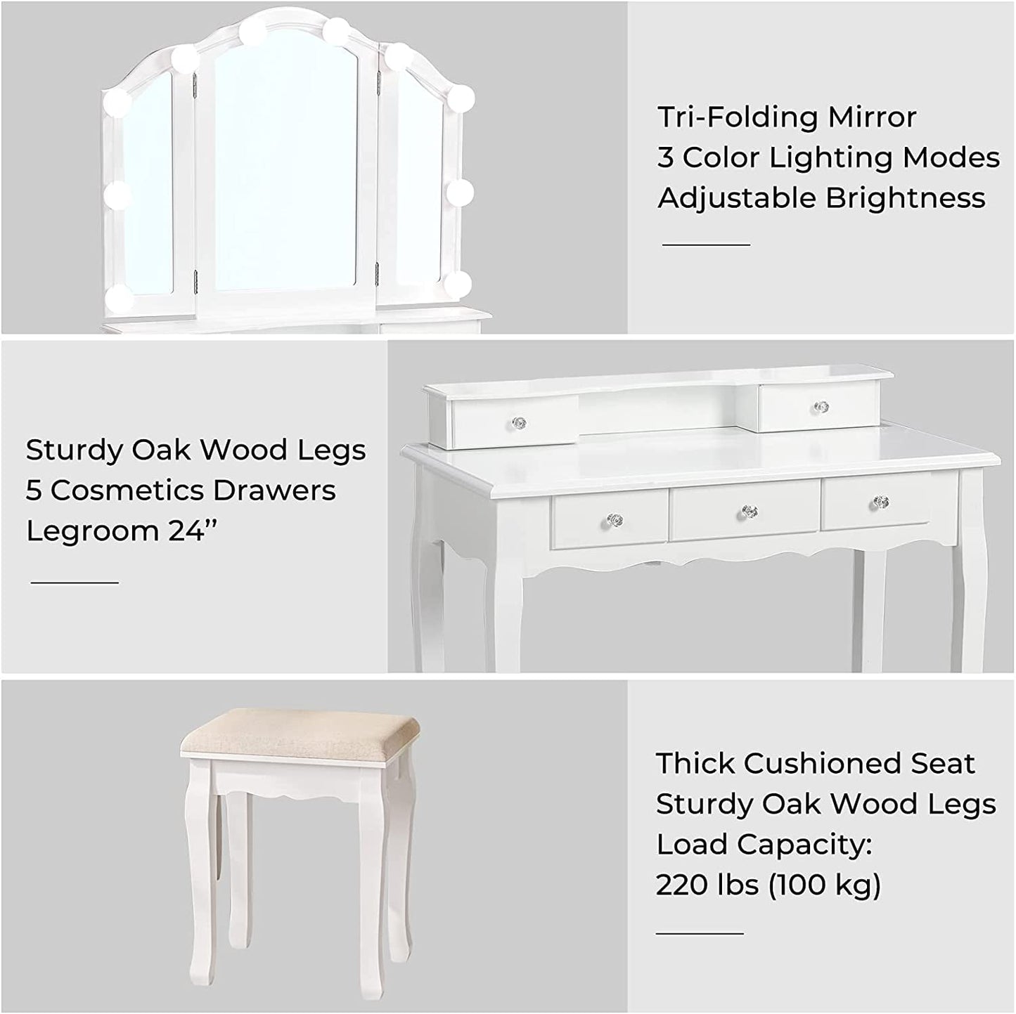 Afuhokles Vintage Vanity Set with Lighted Mirror, Stool & 5 Drawers, White