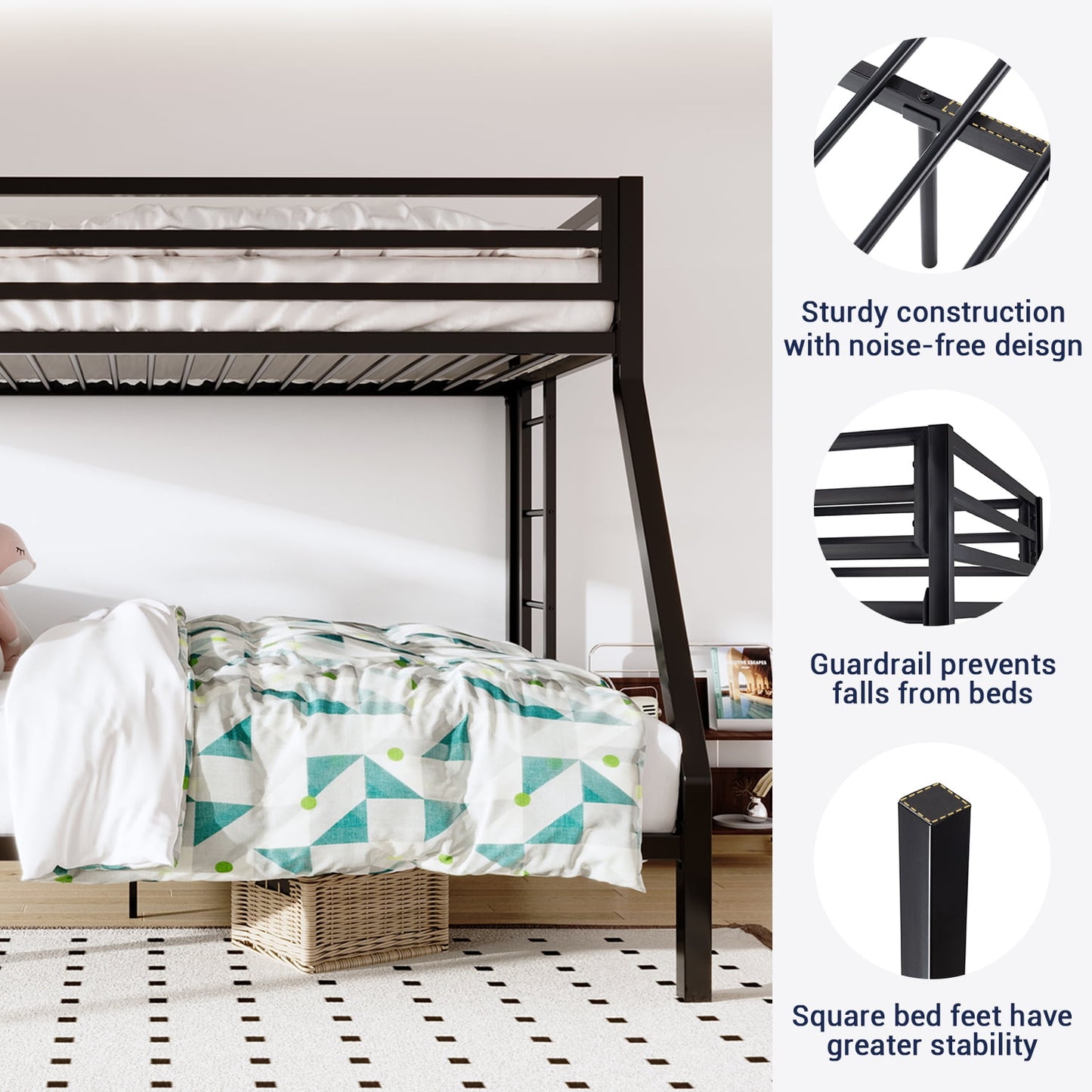 Sifurni Twin Over Full Metal Bunk Bed with Removable Stairs & Full-Length Guardrail, Black