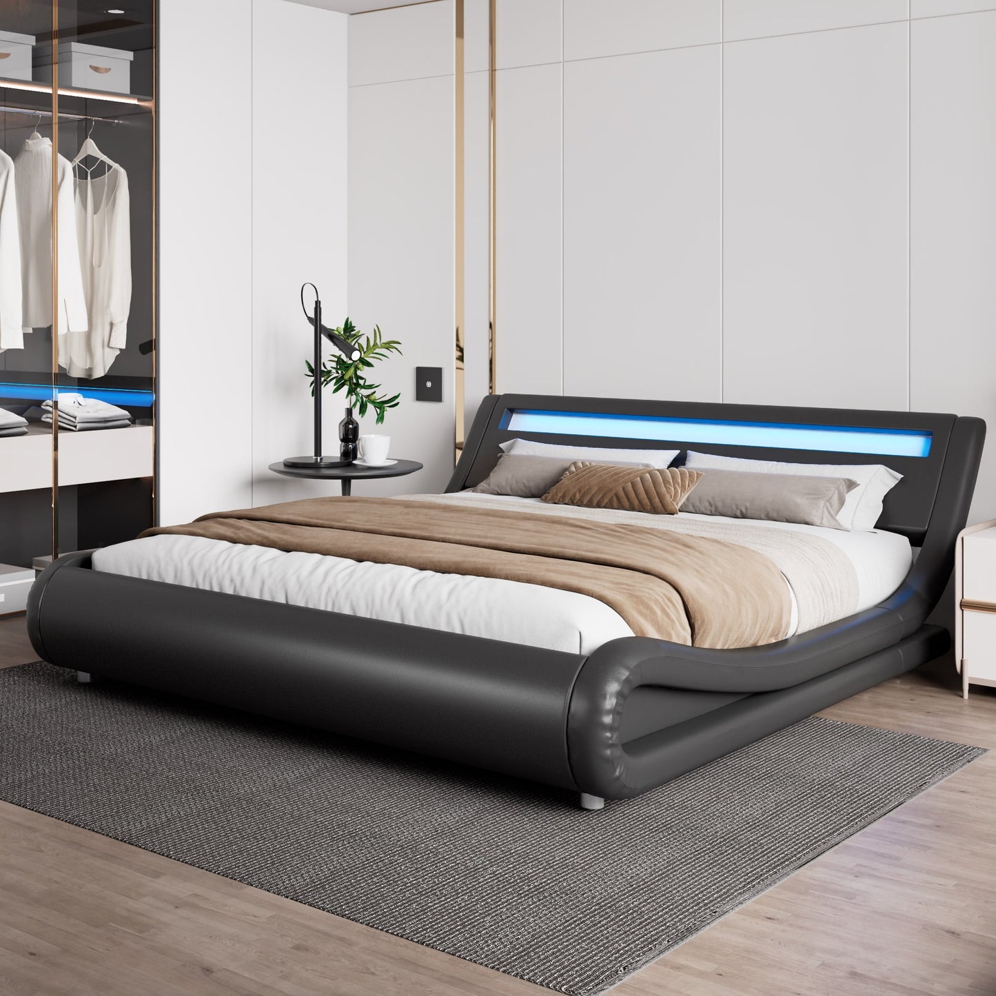 Amolife King Size Wave-like Curve Deluxe Upholstered Modern Bed Frame with LED Headboard, Dark Gray