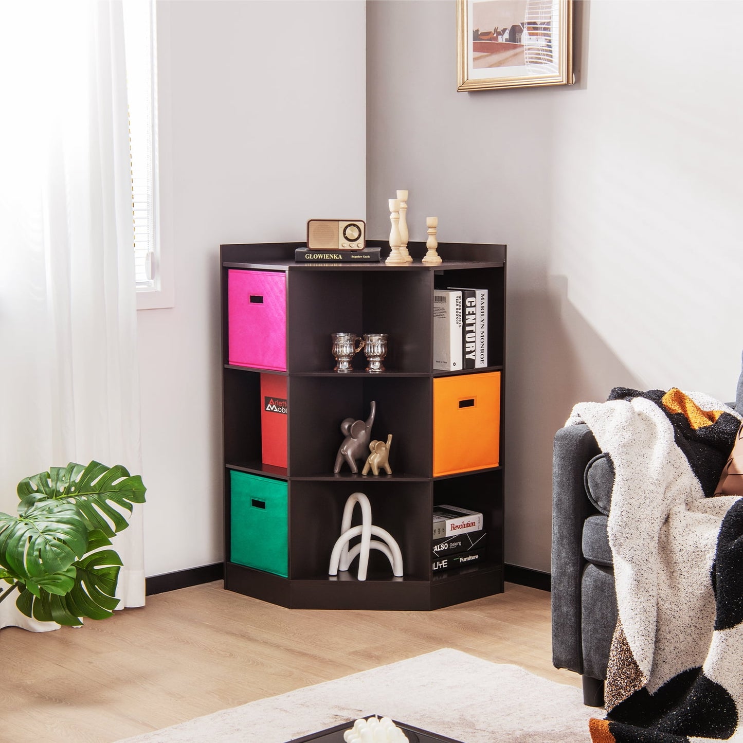 Infans 3-Tier Kids Bookcase Wooden Corner Cabinet Toy Storage Organizer w/ 3 Baskets