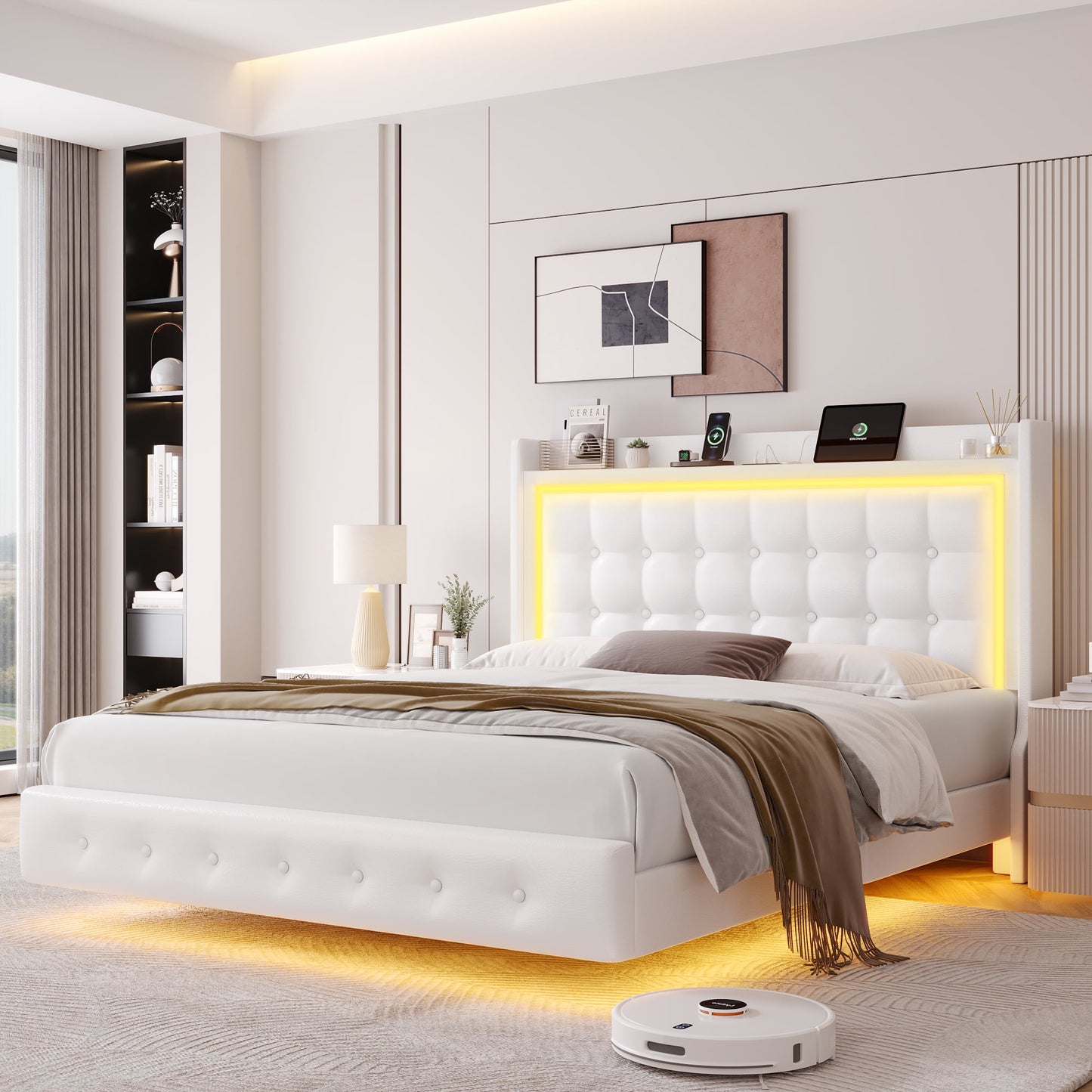 Homfa Queen Size Floating Bed with LED Lights & Charging Station, Modern PU Upholstered Platform Bed Frame Bed with Storage Headboard, White