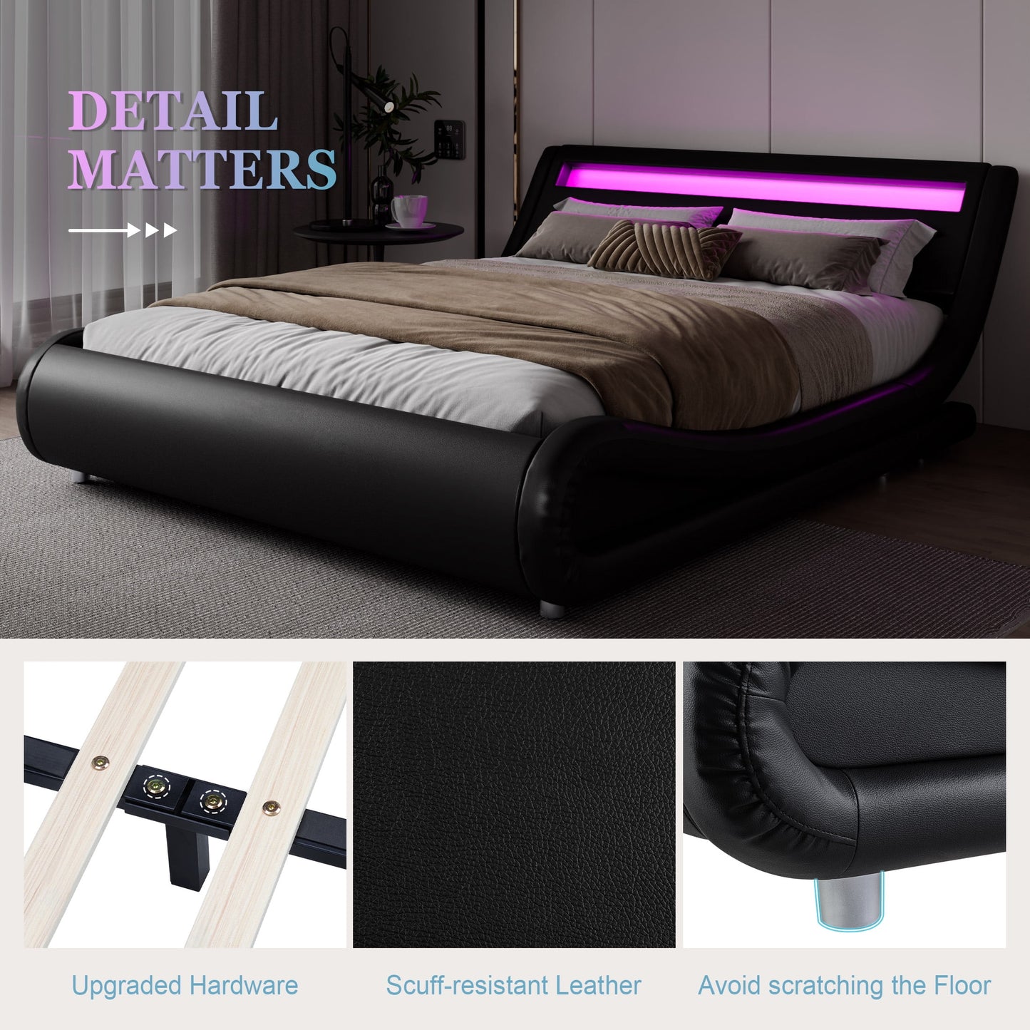 Amolife Full Size Wave-Like Curve Deluxe Upholstered Modern Bed Frame with LED Headboard, Black