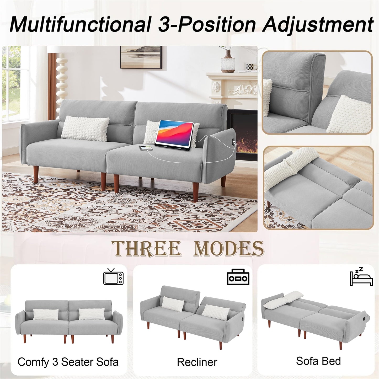 Aukfa 81in Oversized Futon Convertible Sofa Bed with USB Port for Living Room, 2 Pillows, Gray