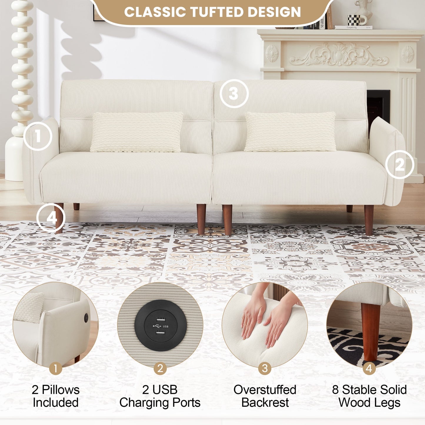 Aukfa 81in Oversized Futon Convertible Sofa Bed with USB Port for Living Room, 2 Pillows, Beige