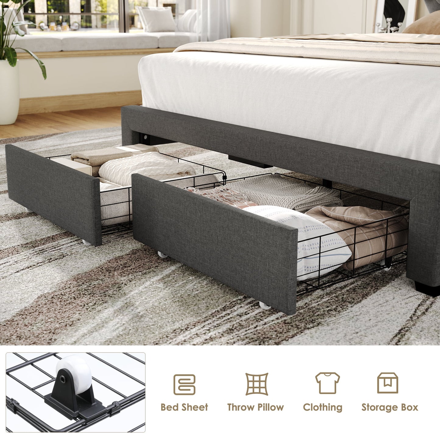 Homfa Queen Size LED Bed Frame with Outlets and USB Ports, Modern Storage Platform Bed with Linen Fabric Button Tufted Upholstered Headboard, Gray