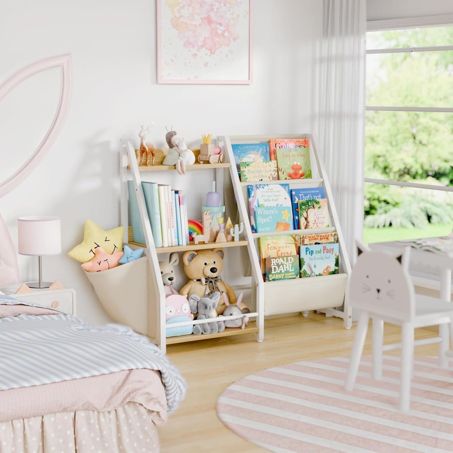 3 Tier Kids Bookshelf and Toy Storage, Kids Book Sling Shelf, Montessori Baby Toddler Bookshelf for Kids, Kids Bookcase, Toy Storage Organizer, for Playroom, Bedroom, Nursery (White)