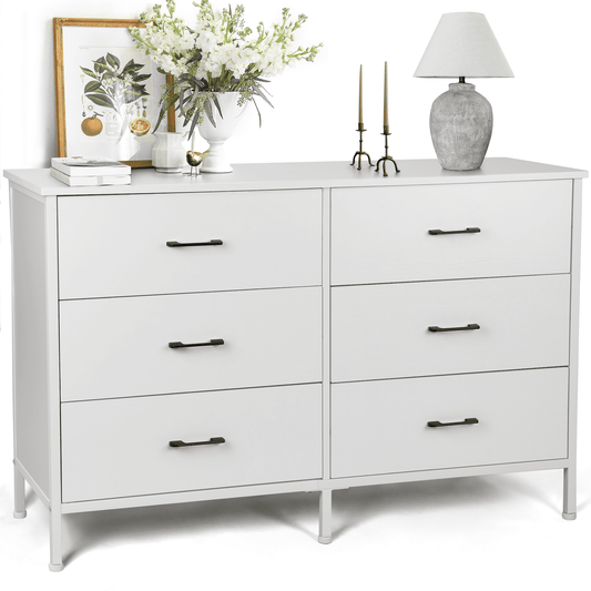 47.3in Drawer Dresser Chest of 6 Drawers, Storage Dresser Tower for Bedroom, Living Room, Hallway, Nursery, White Storage Cabinet Wooden Dresser with Steel Frame, White