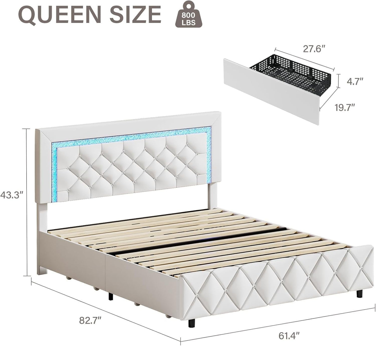 4 EVER WINNER Queen Size LED Bed Frame, White Queen Bed Frame with LED Light Headboard, 4 Storage Drawers Upholstered Platform Bed Frame, White
