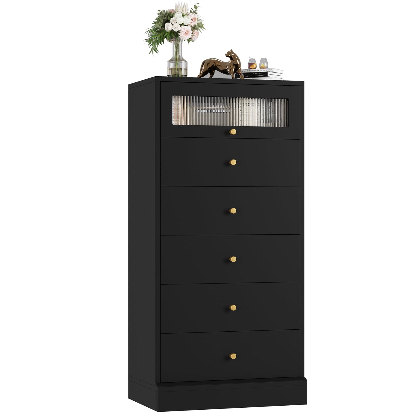 Homfa 6 Drawer Dresser, 51.4in Tall Chest of Drawers with Glass Doors, Wood Storage Cabinet for Bedroom Living Room, Black