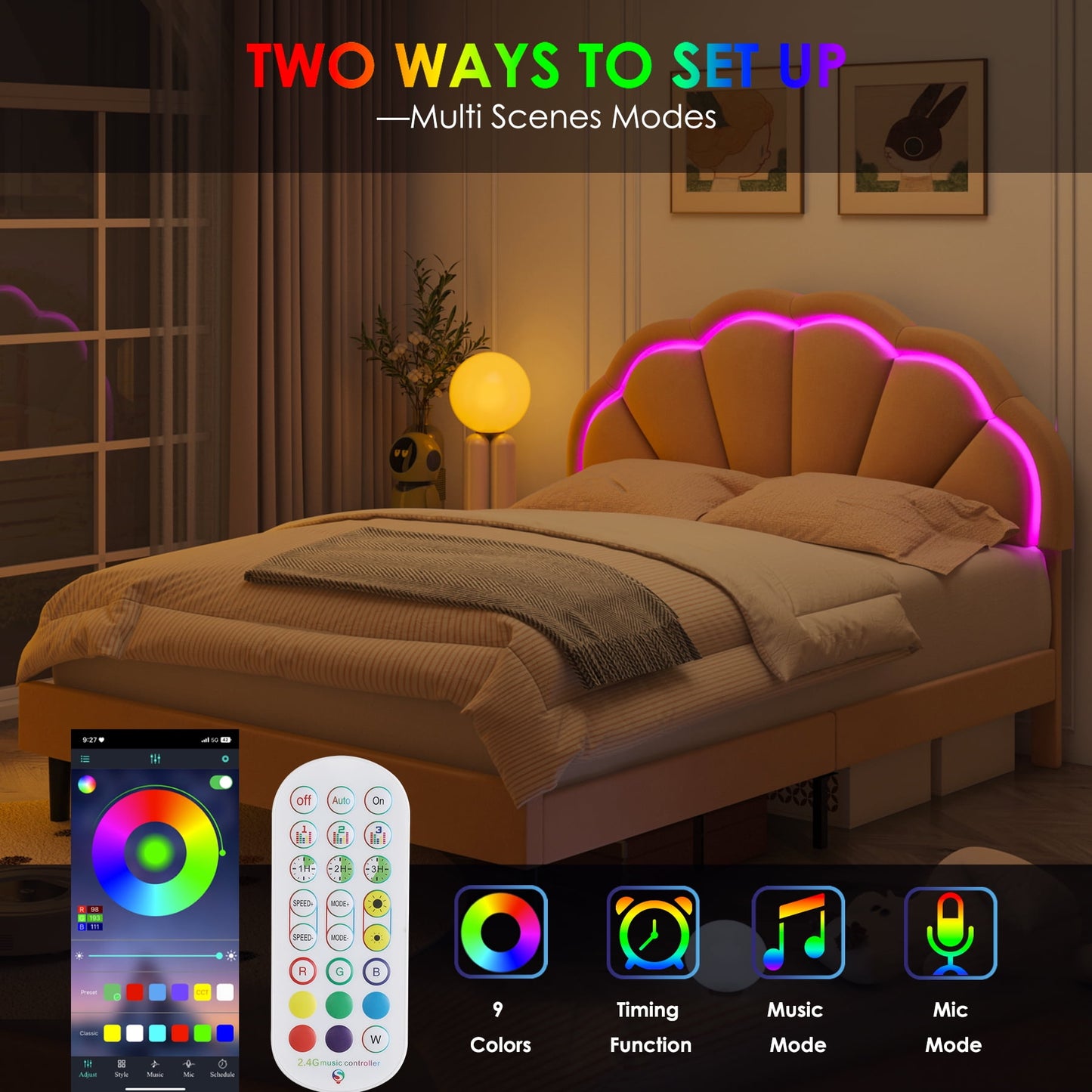 Homfa LED Bed Frame, Full Size Bed for Kids Girls, Velvet Upholstered Platform Bed with Adjustable Headboard, Pink