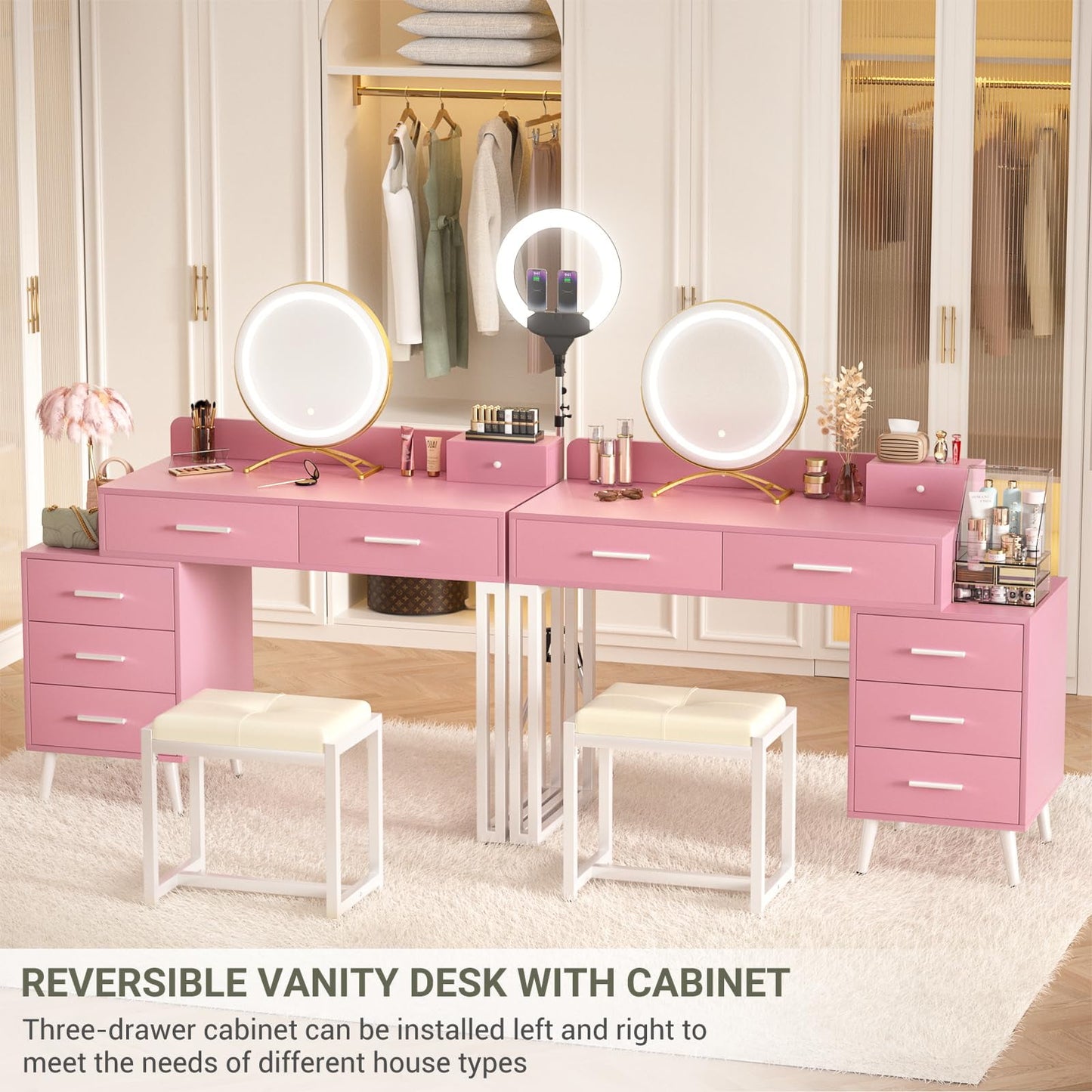 Homieasy Vanity Desk with Mirror and Lights, Modern Makeup Vanity Table Set with 6 Storage Drawers and Cushioned Stool for Bedroom, Dressing Table with Divided Organizers for Women, Pink