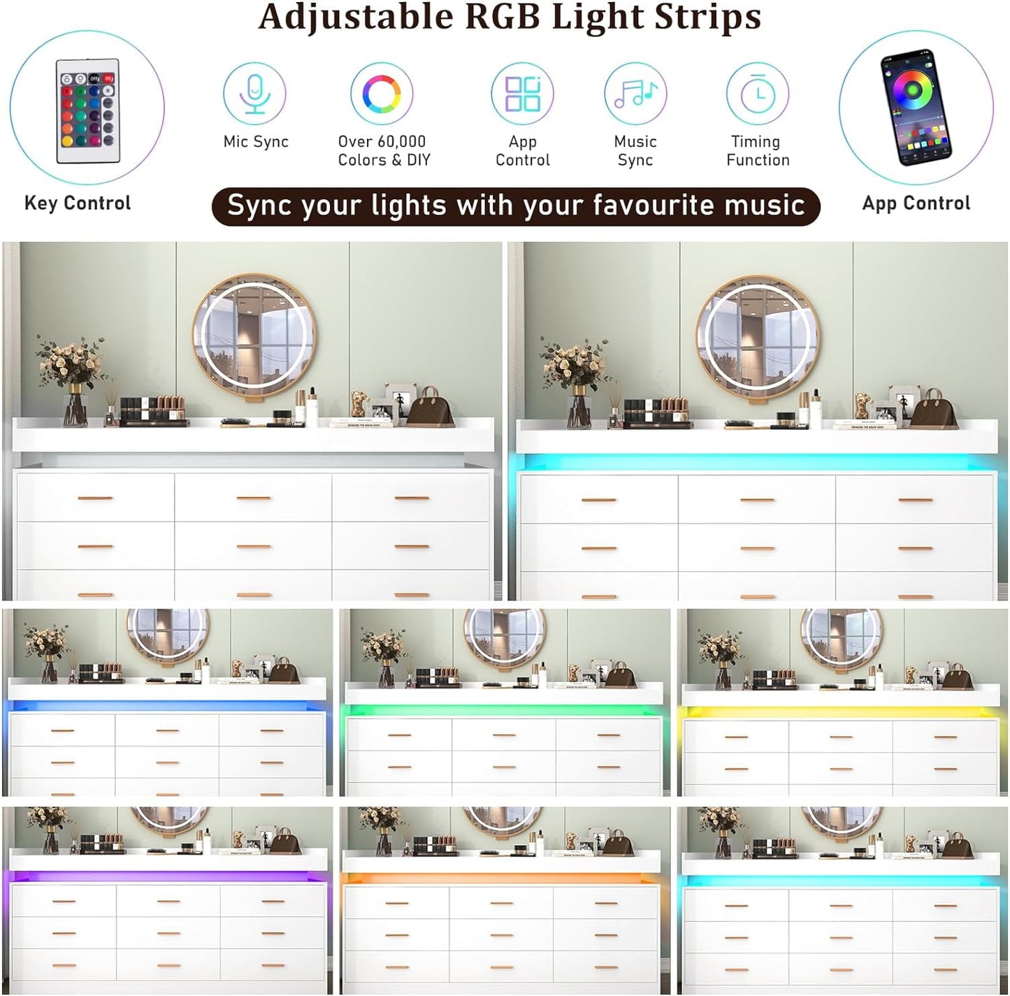 9 Drawer Dresser with LED Light, Wide Drawer Organizer Cabinet for Bedroom, Modern Chest of Drawers for Closet, Entryway, Hallway(9 Drawer White)