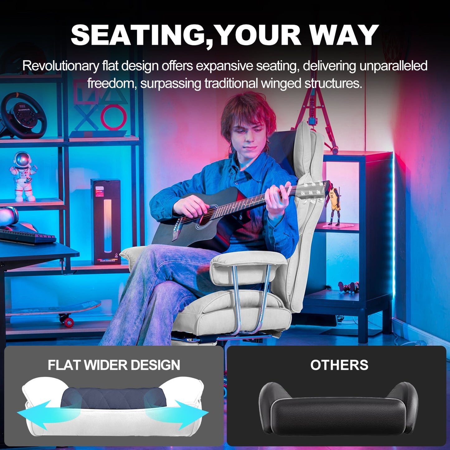 GTRACING Gaming Chair Ergonomic Executive Cozy Fabric Office Chair with Footrest, Lightblue&White