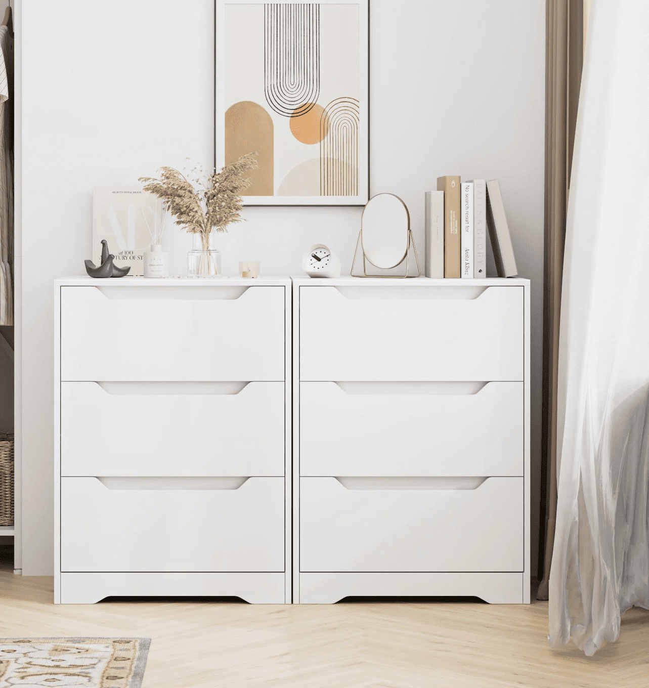 Homfa White Dresser with 3 Drawers, 23.6in W Tall Nightstand Chest of Drawer with Cutout Handles for Living Room