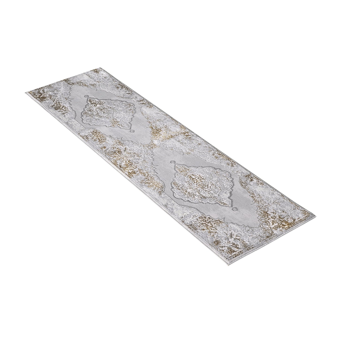 Allstar Rugs 2' 0in x 6' 11in Gainsboro Grey Traditional Persian Themed Polyester Runner with a Gold Bijar Design and Ivory Accents. Machine-Made in Turkey.