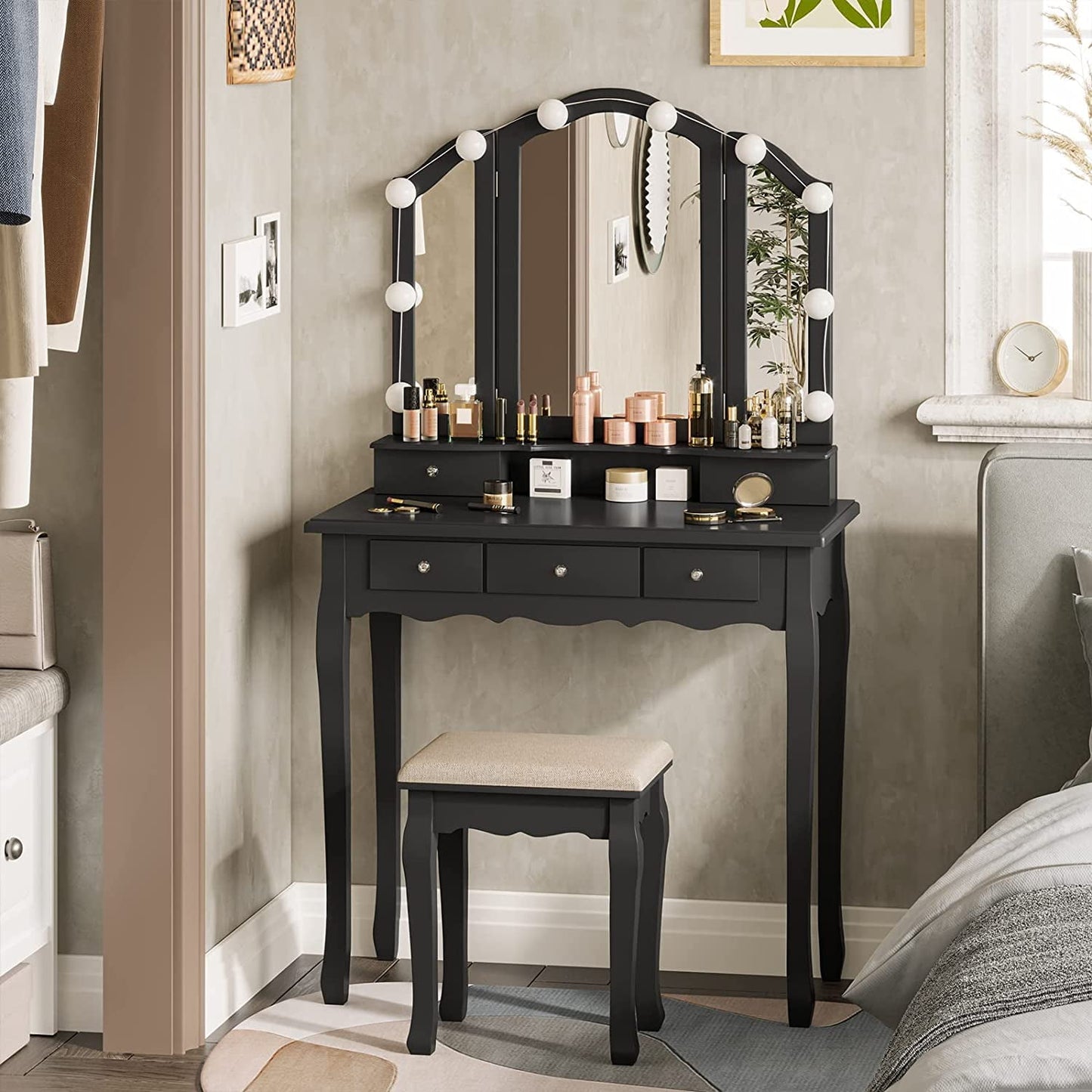 Afuhokles Makeup Vanity Table Desk Set with Lighted Tri-Fold Mirror and Stool for Bedroom, Black