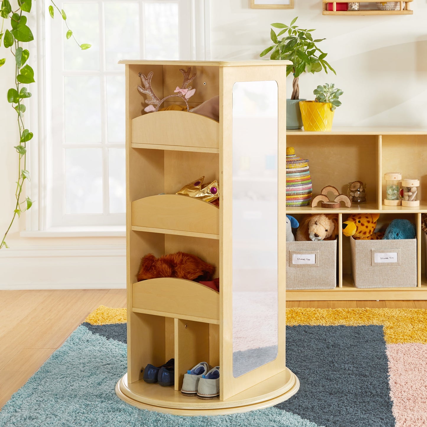 Guidecraft Rotating Dress Up Storage Center - Natural: Plywood Armoire, Bedroom Costume Rack and Kids' Clothes Organizer with Mirrors